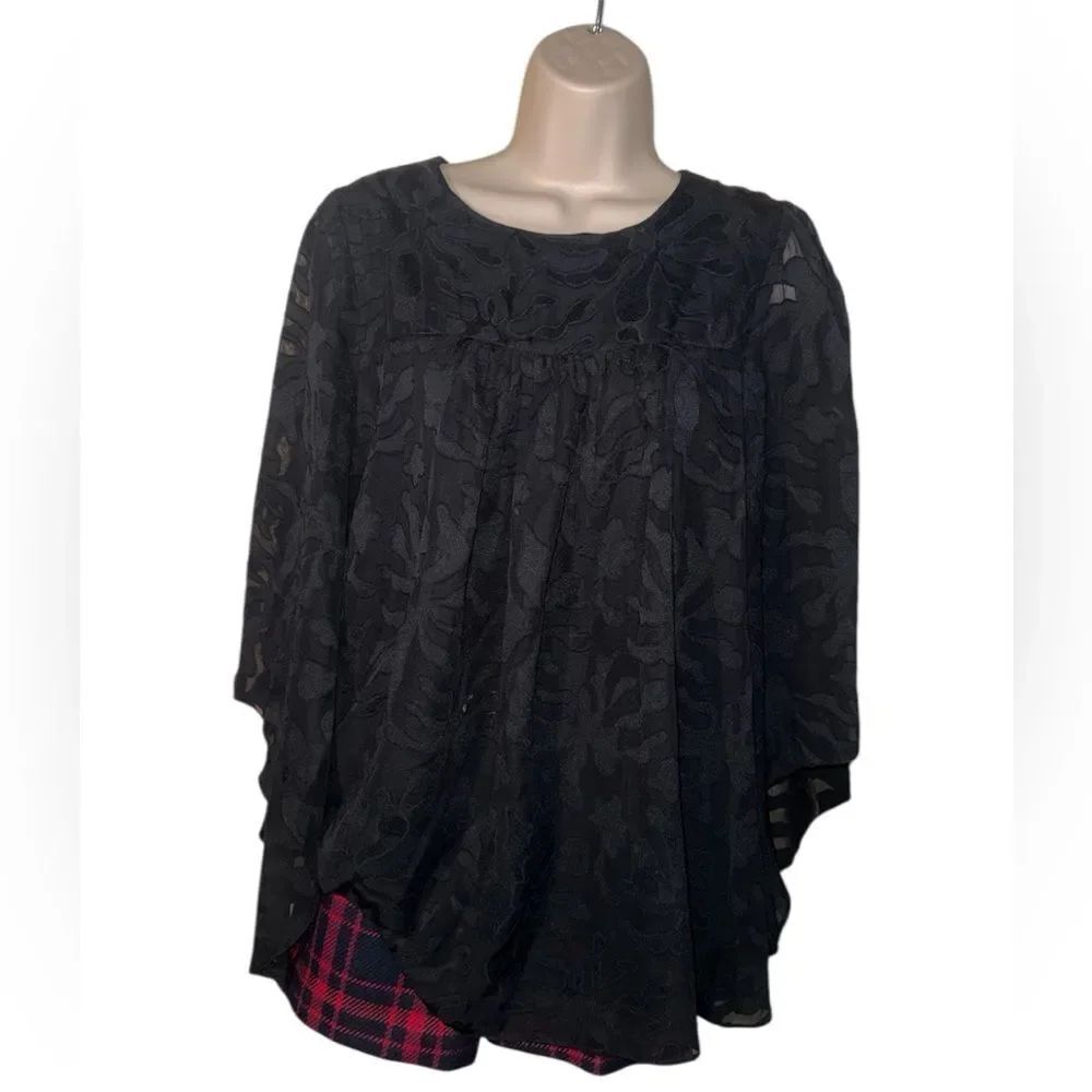 L Love Sheer Raffles Trim Sleeves Black Floral Lace Blouse